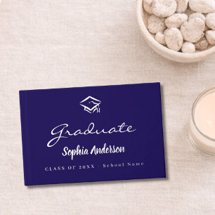 Blue silver name script cap Graduation Guest Book