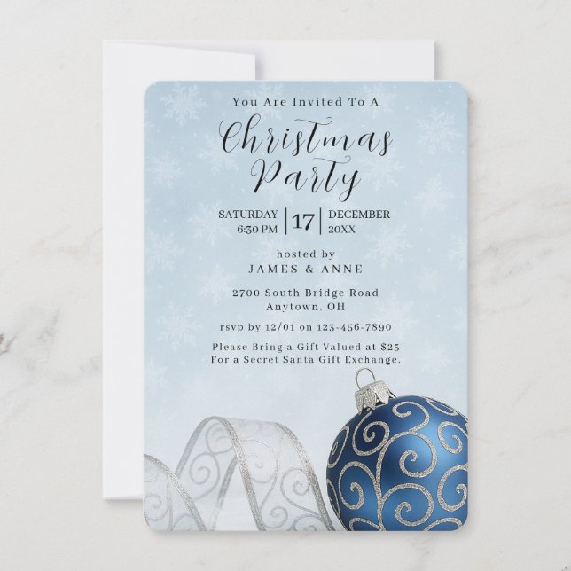 Blue & Silver Ornament Christmas Party Invitation (Devant)