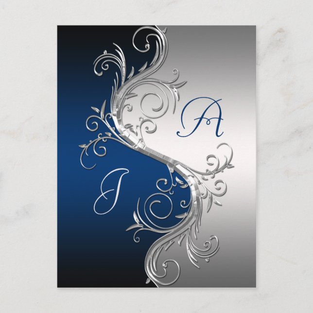 Blue Silver Ornate Swirls Save The Date Announcement Postcard (Front)