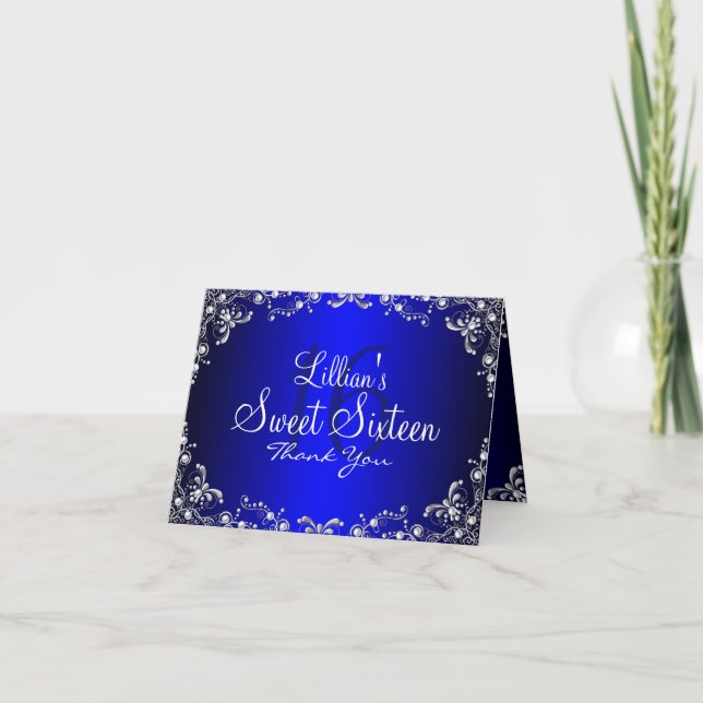 Blue Silver Pearl Damask Sweet 16 Thank You Card (Front)