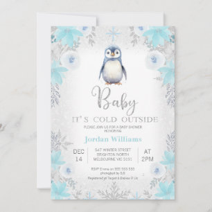 Blue Silver Pen Baby It's Cold Outside Baby Shower Invitation