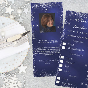 Blue silver photo fun facts birthday menu card
