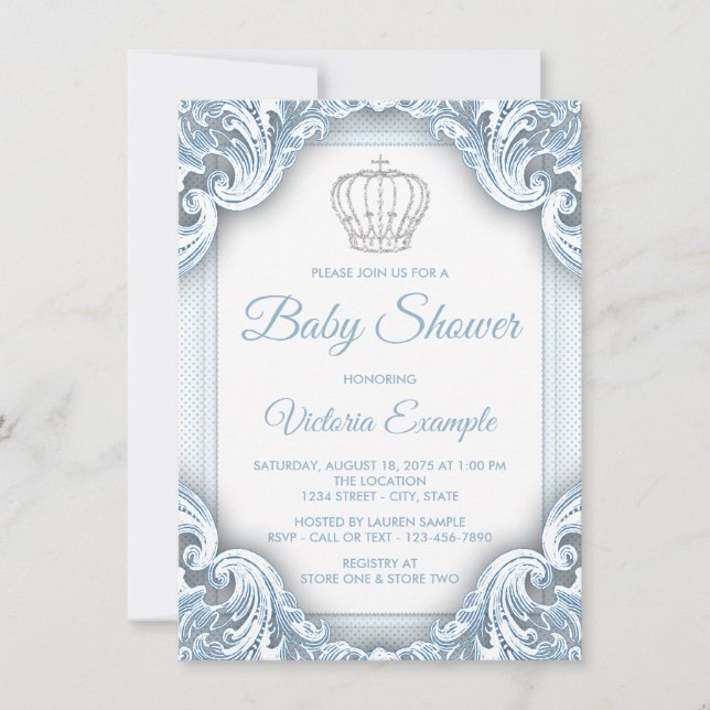 Blue Silver Prince Baby Shower Invitations (Devant)