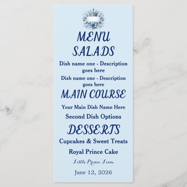 Blue Silver Prince Crown Envelope Liner Menu (Front)
