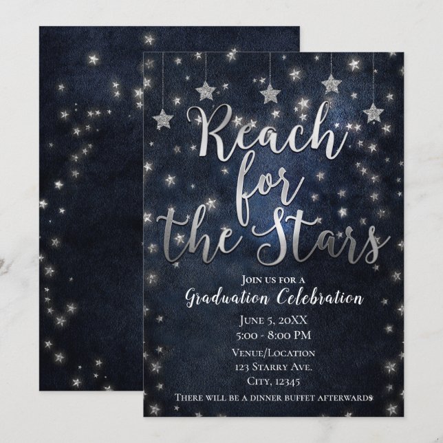 Blue Silver Reach for Stars Celestial Graduation Invitation (Front/Back)