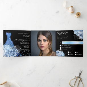 Blue silver rose PHOTO quinceanera floral glitter Tri-Fold Invitation