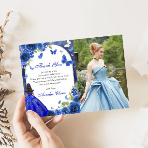 Blue Silver Rose Quinceanera Photo Thank You Card 