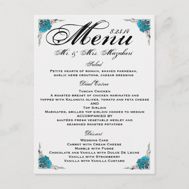 Blue Silver Rose Wedding Dinner Menu Thank you Postcard (Front)