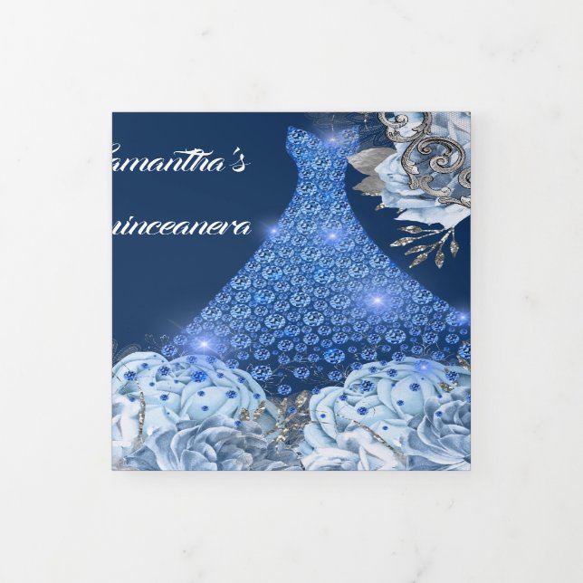 Blue silver rose womans PHOTO floral birthday Tri-Fold Invitation (Cover)