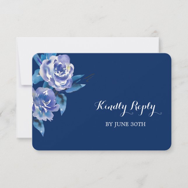 Blue Silver Roses Wedding RSVP (Front)