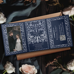 Blue Silver Royal Medieval Sword Wedding QR Code Tri-Fold Invitation