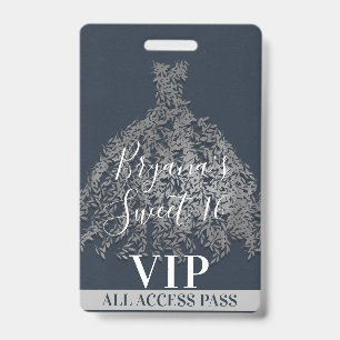 Blue Silver Rustic Leaves Dress Sweet 16 VIP Pass Badge
