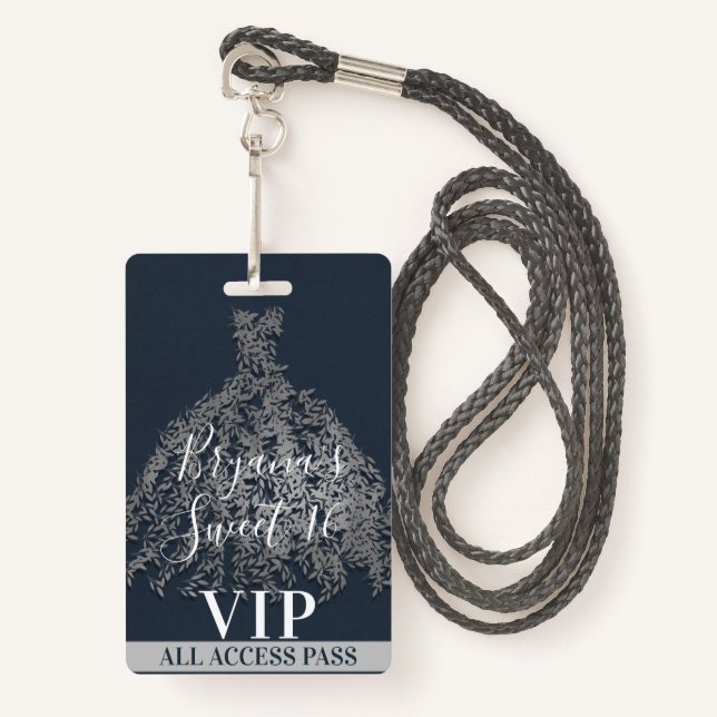 Blue Silver Rustic Leaves Dress Sweet 16 VIP Pass Badge (Front with Lanyard)