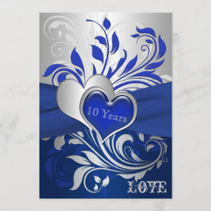 Blue, Silver Scrolls, Hearts Anniversary Invite