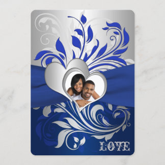 Blue, Silver Scrolls, Hearts Photo Wedding Invite