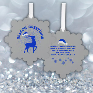 Blue/Silver Season Greeting Reindeer with Monogram Ornament Card