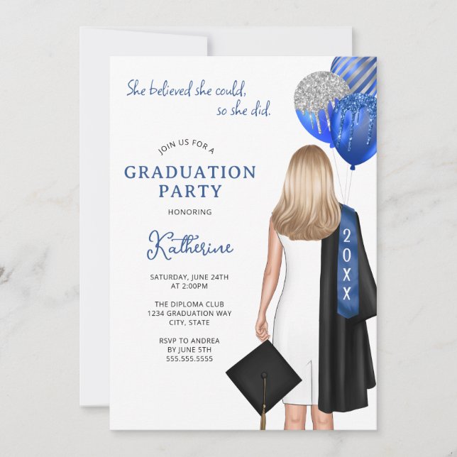Blue Silver She Believed She Could Girl Graduation Invitation (Front)