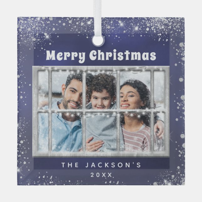 Blue silver snow photo winter window glass ornament (Front)