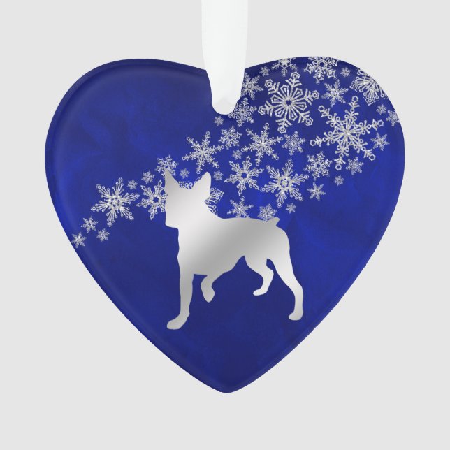 Blue Silver Snowflake Boston Terrier Dog Ornament (Front)