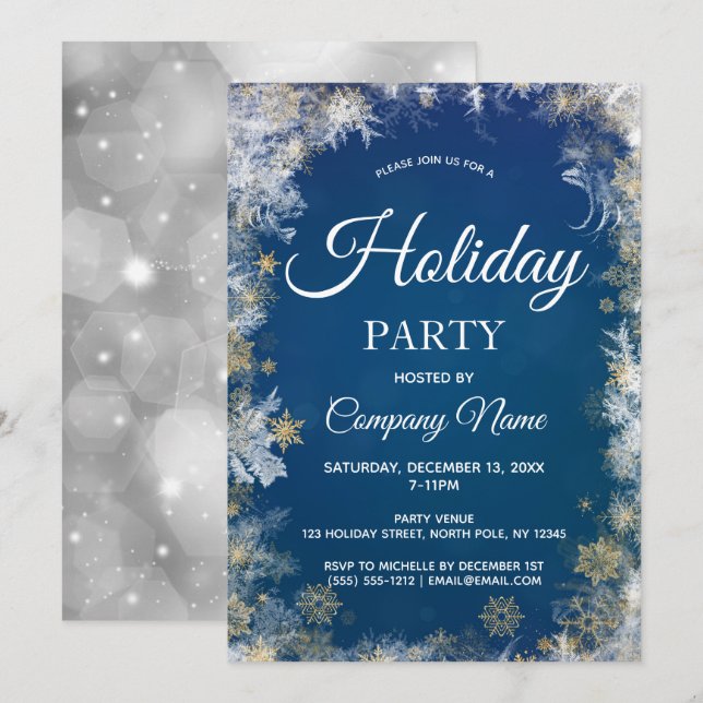 Blue Silver Snowflake Corporate Holiday Party Invitation (Front/Back)