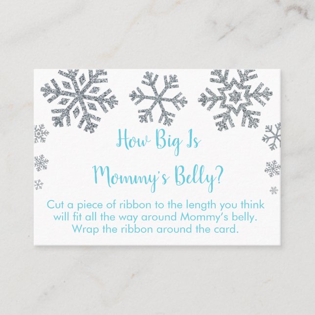 Blue & Silver Snowflake How Big Is Mommy's Belly Place Card (Front)