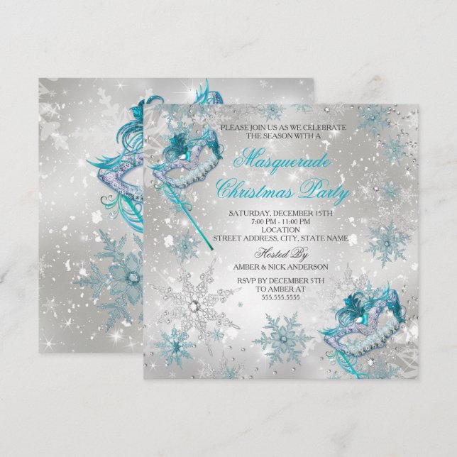 Blue Silver Snowflake Masquerade Christmas Party 2 Invitation (Front/Back)