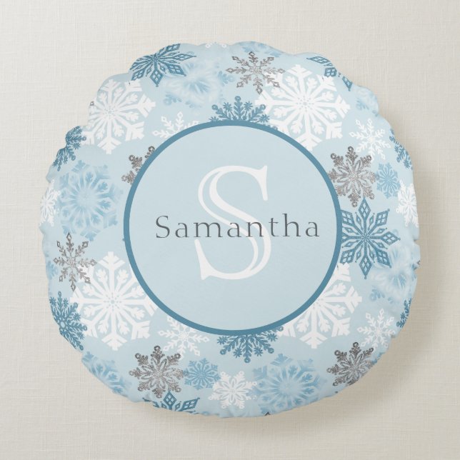 Blue & Silver Snowflake Personalized Monogram Round Pillow (Front)