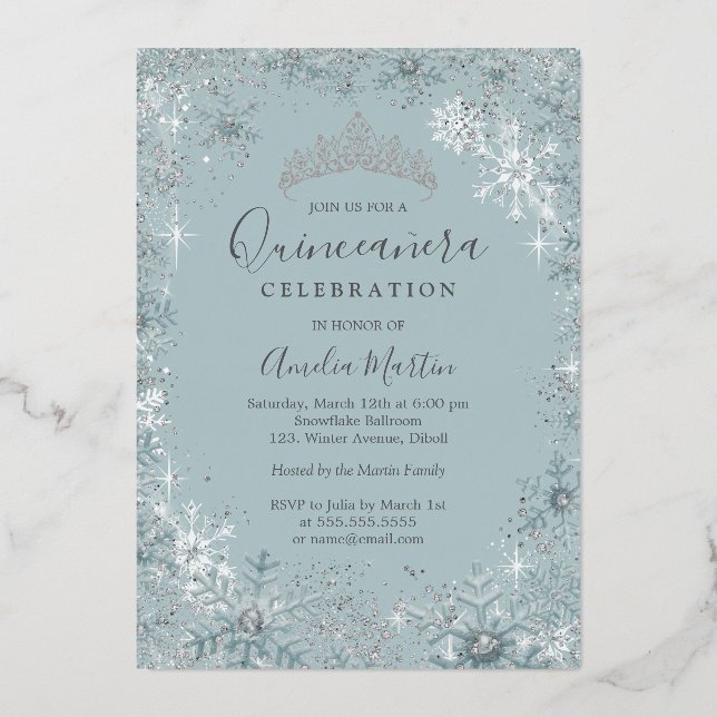 Blue Silver Snowflake Photo Quinceanera  (Back)