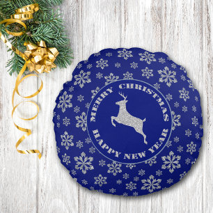 Blue Silver Snowflake Reindeer Round Pillow