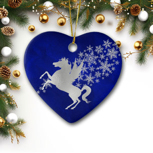 Blue Silver Snowflake Unicorn Personalized Ceramic Ornament