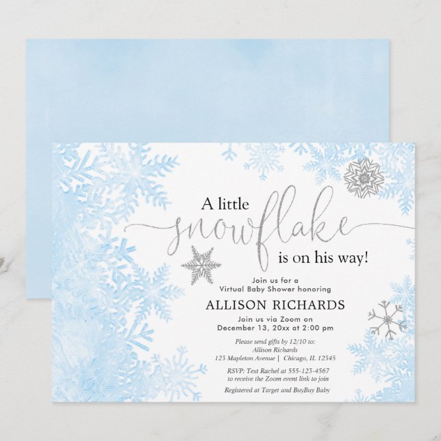 Blue silver snowflake Virtual boy baby shower Invitation (Front/Back)