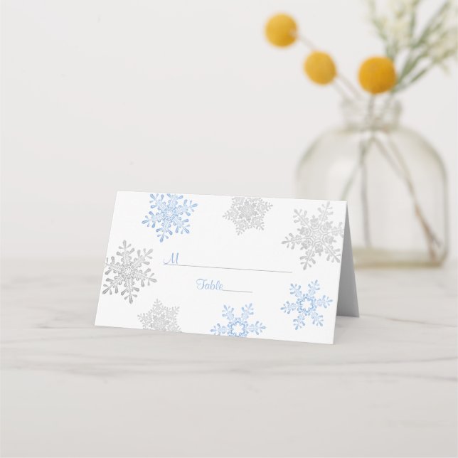 Blue Silver Snowflake Winter Wedding Place Card (Front)