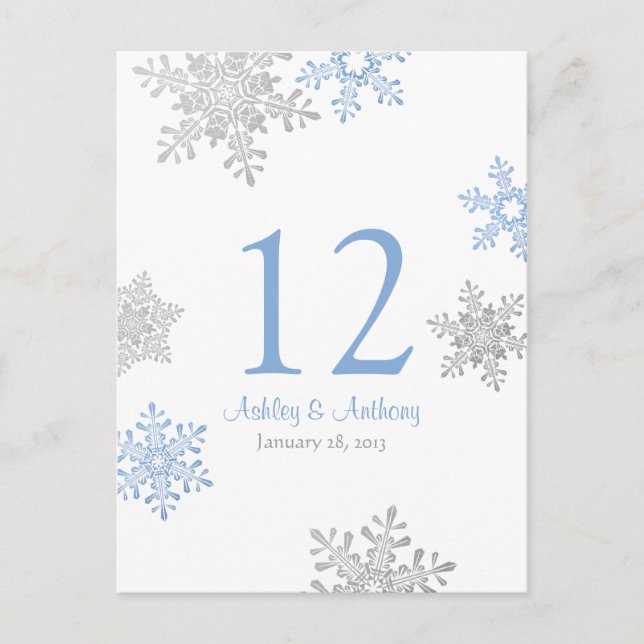 Blue Silver Snowflake Winter Wedding Table Card (Front)