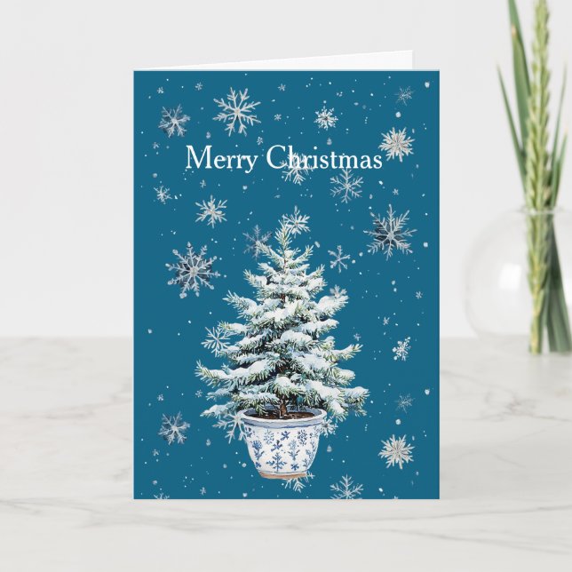 Blue Silver Snowflakes Christmas Tree Card (Front)