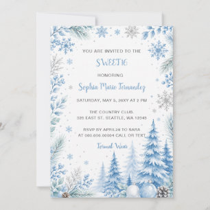 Blue Silver Snowflakes Floral Winter Sweet 16 Invitation