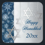 Blue, Silver Snowflakes Happy Hanukkah Sticker<br><div class="desc">This elegant and festive blue,  white and silver grey "Happy Hanukkah" sticker has glittering points of light,  snowflakes,  and four silver Stars of David ornaments on it that matches the Hanukkah invitation shown below. If you need assistance,  email niteowlstudio@gmail.com.</div>