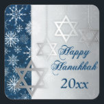 Blue, Silver Snowflakes Happy Hanukkah Sticker<br><div class="desc">This elegant and festive blue, white and silver grey "Happy Hanukkah" sticker has glittering points of light, snowflakes, and four silver Stars of David ornaments on it that matches the Hanukkah invitation shown below. If you need assistance, email niteowlstudio@gmail.com.</div>