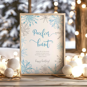 Blue silver snowflakes Pacifier hunt game Poster
