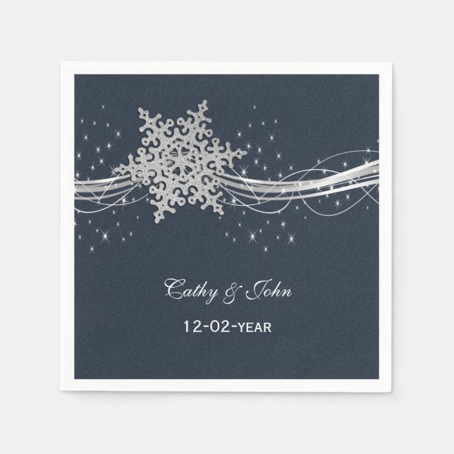 Blue Silver Snowflakes personalized wedding napkin (Front)