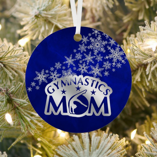 Blue Silver Snowflakes Proud Gymnastics Mom Metal Ornament (Insitu)