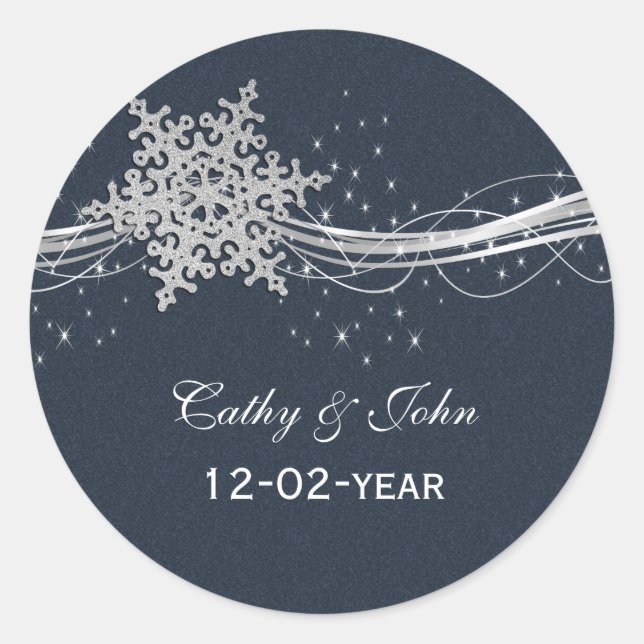 Blue Silver Snowflakes wedding favour stickers (Front)