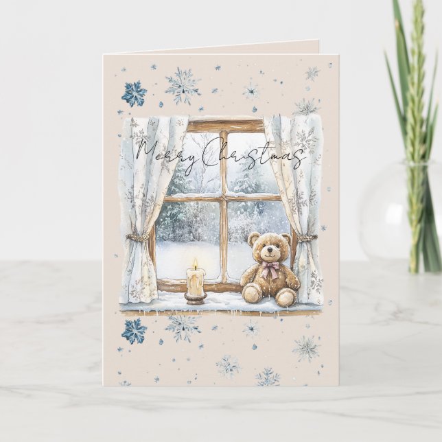 Blue Silver Snowflakes Window Teddy Bear Christmas Card (Front)