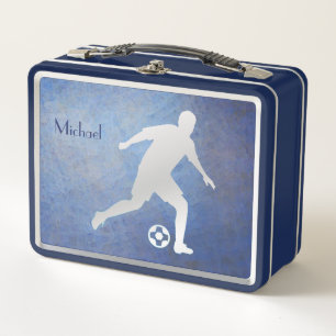 Blue Silver Soccer Player Metal Lunch Box