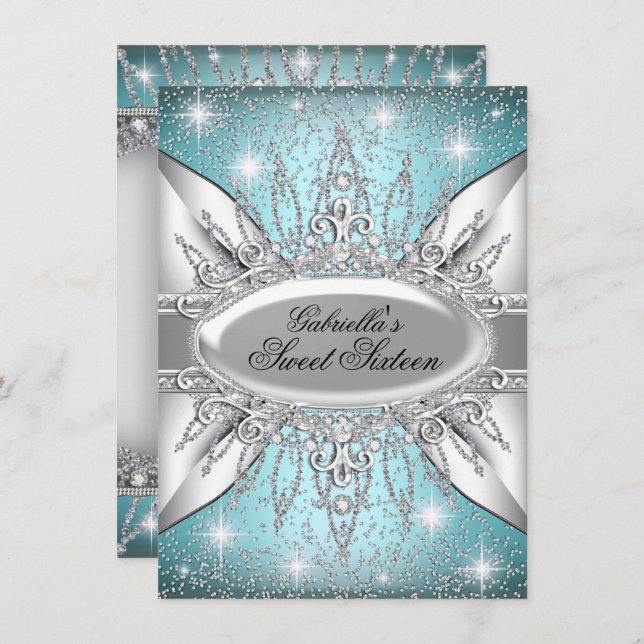 Blue & Silver Sparkle Diamond Sweet 16 Invite (Front/Back)