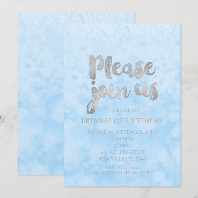 Blue & Silver Sparkle Glamour Party Invitations (Front/Back)