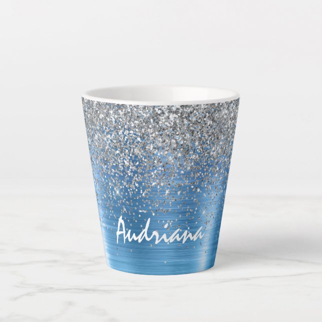 Blue Silver Sparkle Glitter personalized Latte Mug (Front)
