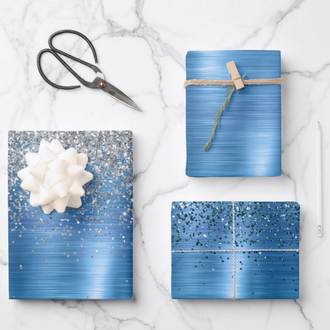Blue Silver Sparkle Glitter  Wrapping Paper Sheet (Front)