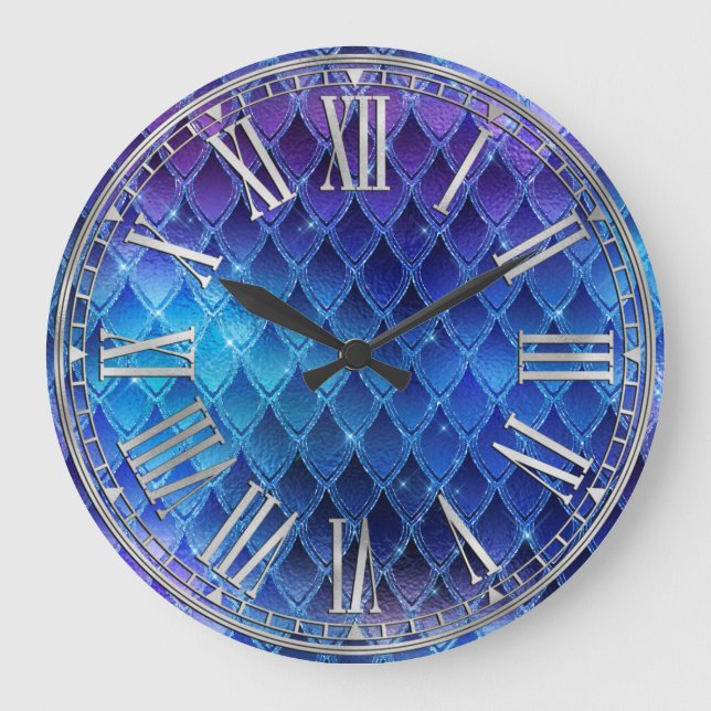 Blue & Silver Sparkles Dragon Scales  Large Clock (Front)