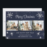 Blue Silver Sparkly Snowflake Photo Collage Holiday Card<br><div class="desc">Cute blue photo collage Merry Christmas and Happy New Year card featuring snowflakes and stars on the front and falling snow at the back. Easily personalize this elegant holiday card with your photos and text.</div>