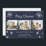 Blue Silver Sparkly Snowflake Photo Collage Holiday Card<br><div class="desc">Cute blue photo collage Merry Christmas and Happy New Year card featuring snowflakes and stars on the front and falling snow at the back. Easily personalize this elegant holiday card with your photos and text.</div>
